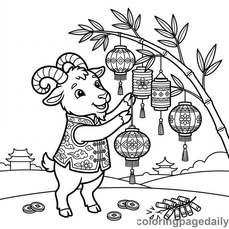 Zodiac Goat Hanging Lanterns - Daily printable coloring page in Chinese New Year category
