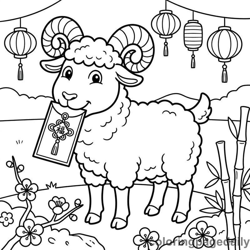 Zodiac Goat With Envelope - Daily printable coloring page in Chinese New Year category