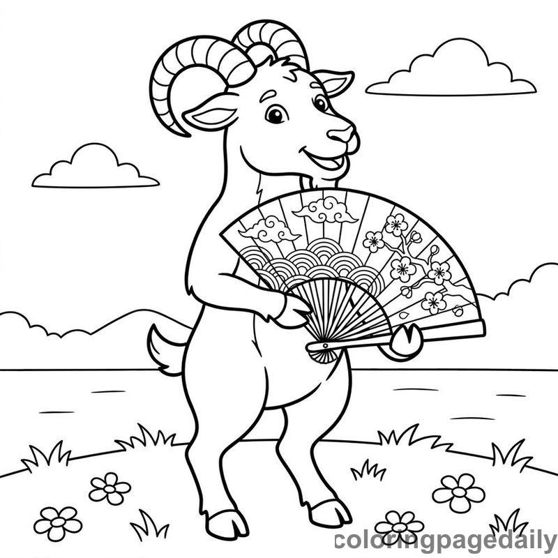 Zodiac Goat With Fan - Daily printable coloring page in Chinese New Year category