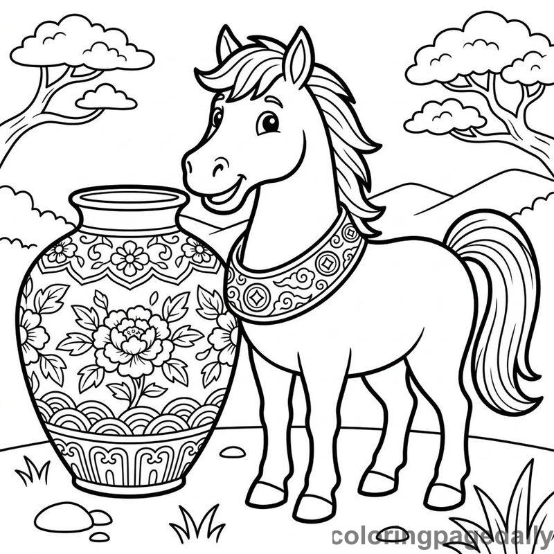 Zodiac Horse With Vase - Daily printable coloring page in Chinese New Year category