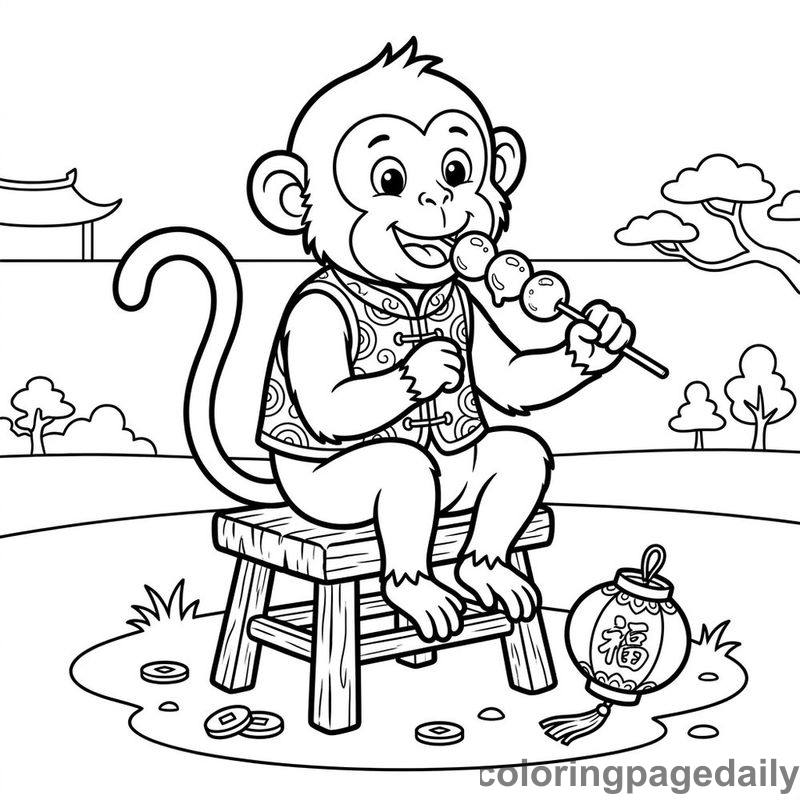 Zodiac Monkey Eating Tanghulu - Daily printable coloring page in Chinese New Year category