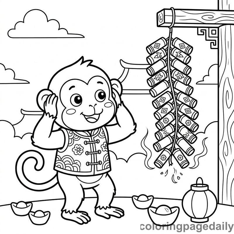 Zodiac Monkey Firecrackers - Daily printable coloring page in Chinese New Year category