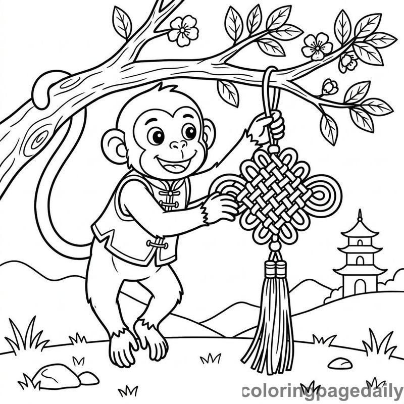 Zodiac Monkey Hanging Knot - Daily printable coloring page in Chinese New Year category