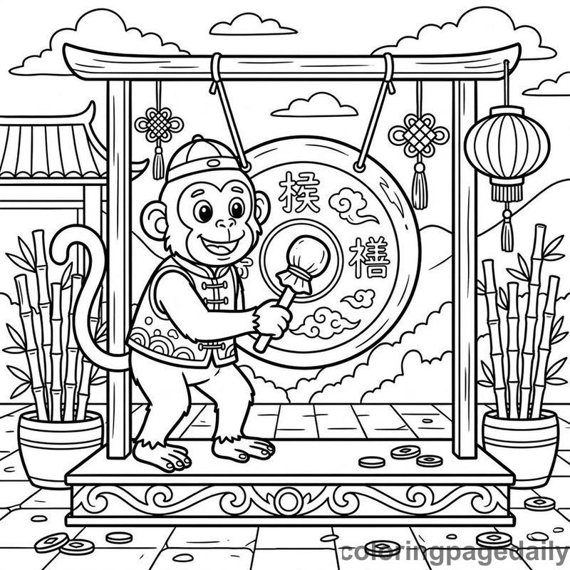 Zodiac Monkey Playing Gong - Daily printable coloring page in Chinese New Year category