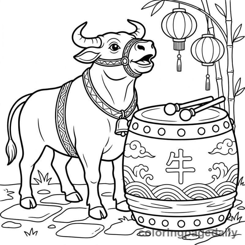 Zodiac Ox With Drum - Daily printable coloring page in Chinese New Year category
