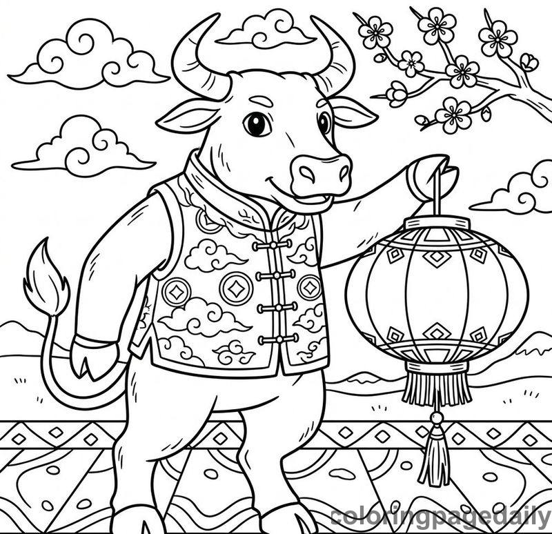Zodiac Ox With Lantern - Daily printable coloring page in Chinese New Year category