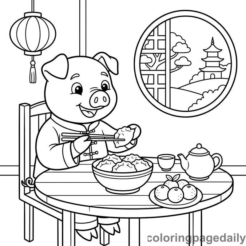 Zodiac Pig Eating Dumplings - Daily printable coloring page in Chinese New Year category