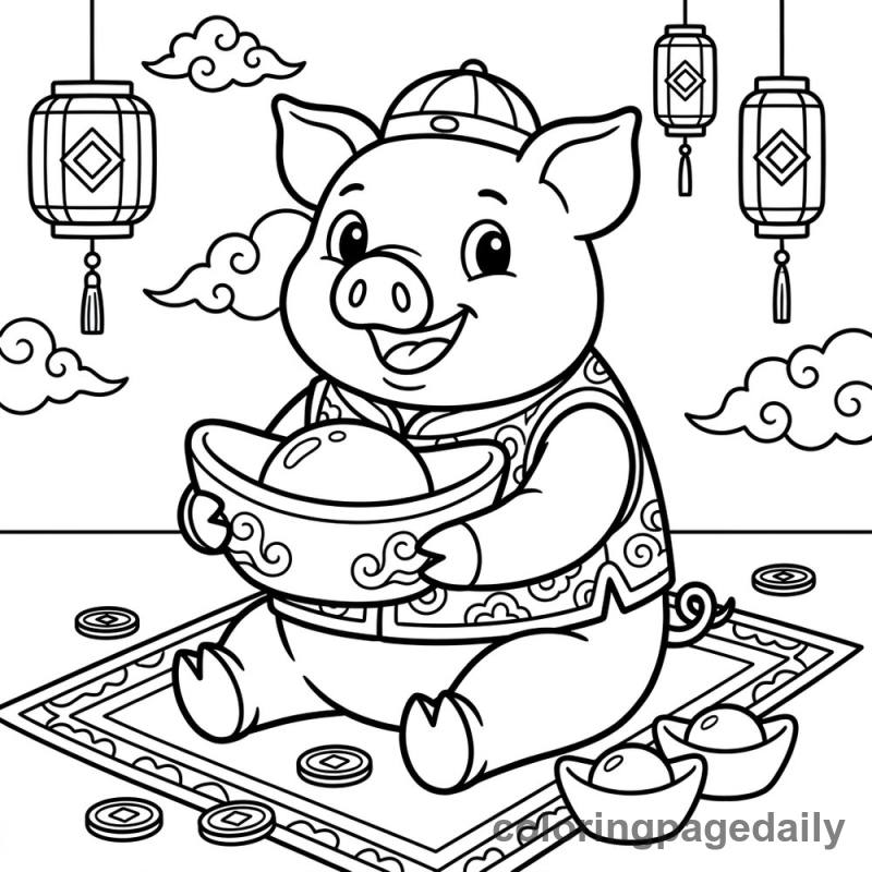 Zodiac Pig With Ingot - Daily printable coloring page in Chinese New Year category