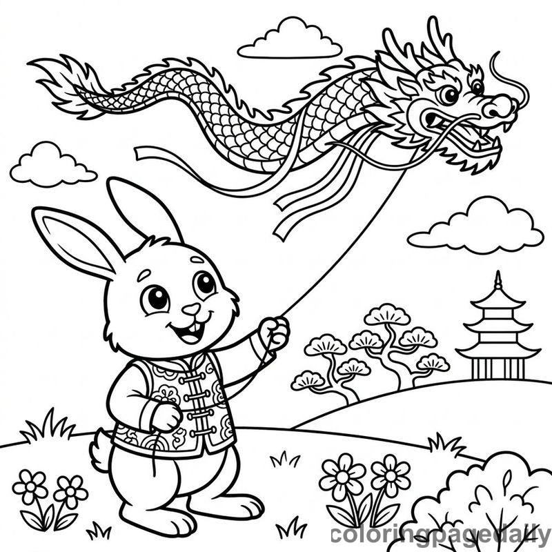 Zodiac Rabbit Dragon Kite - Daily printable coloring page in Chinese New Year category