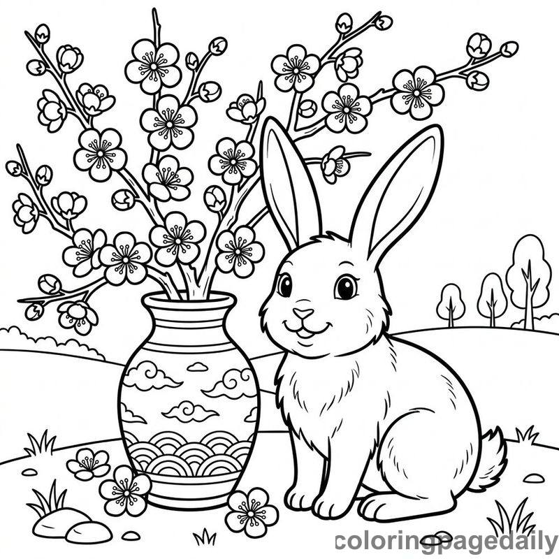 Zodiac Rabbit Plum Blossoms - Daily printable coloring page in Chinese New Year category