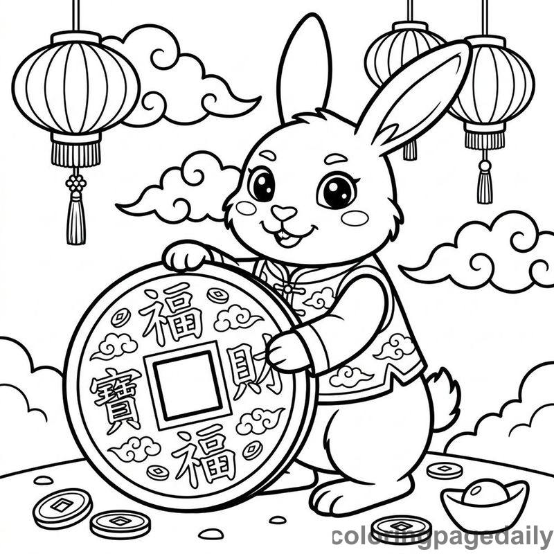 Zodiac Rabbit With Coin - Daily printable coloring page in Chinese New Year category