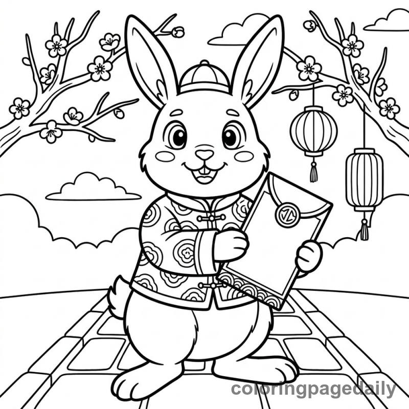 Zodiac Rabbit With Envelope - Daily printable coloring page in Chinese New Year category
