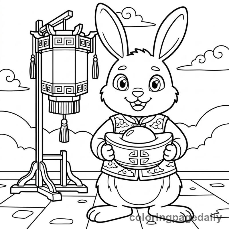Zodiac Rabbit With Ingot - Daily printable coloring page in Chinese New Year category
