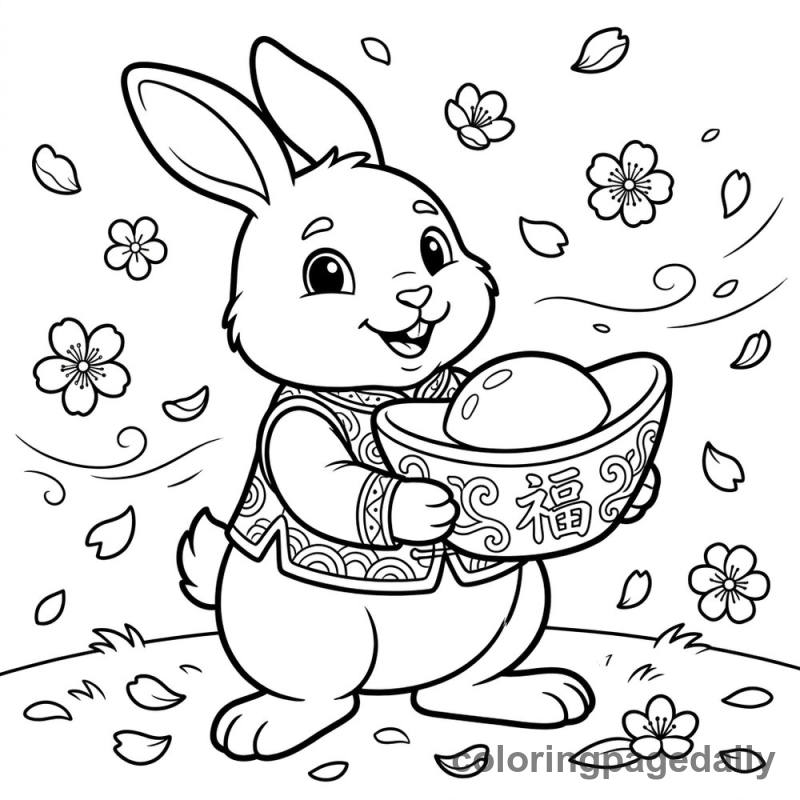 Zodiac Rabbit with Ingot - Daily printable coloring page in Chinese New Year category