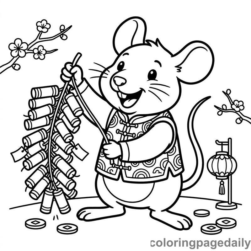 Zodiac Rat With Firecrackers - Daily printable coloring page in Chinese New Year category