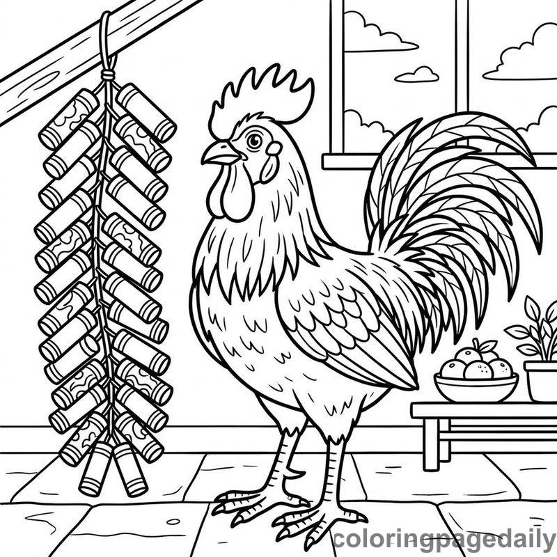 Zodiac Rooster Firecrackers - Daily printable coloring page in Chinese New Year category