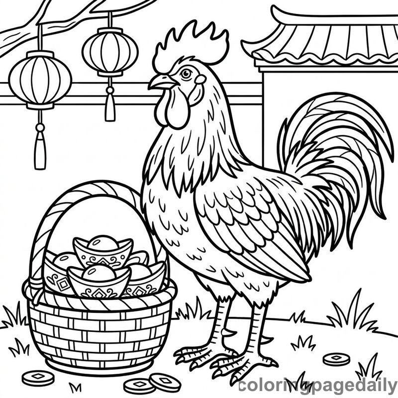 Zodiac Rooster With Ingots - Daily printable coloring page in Chinese New Year category