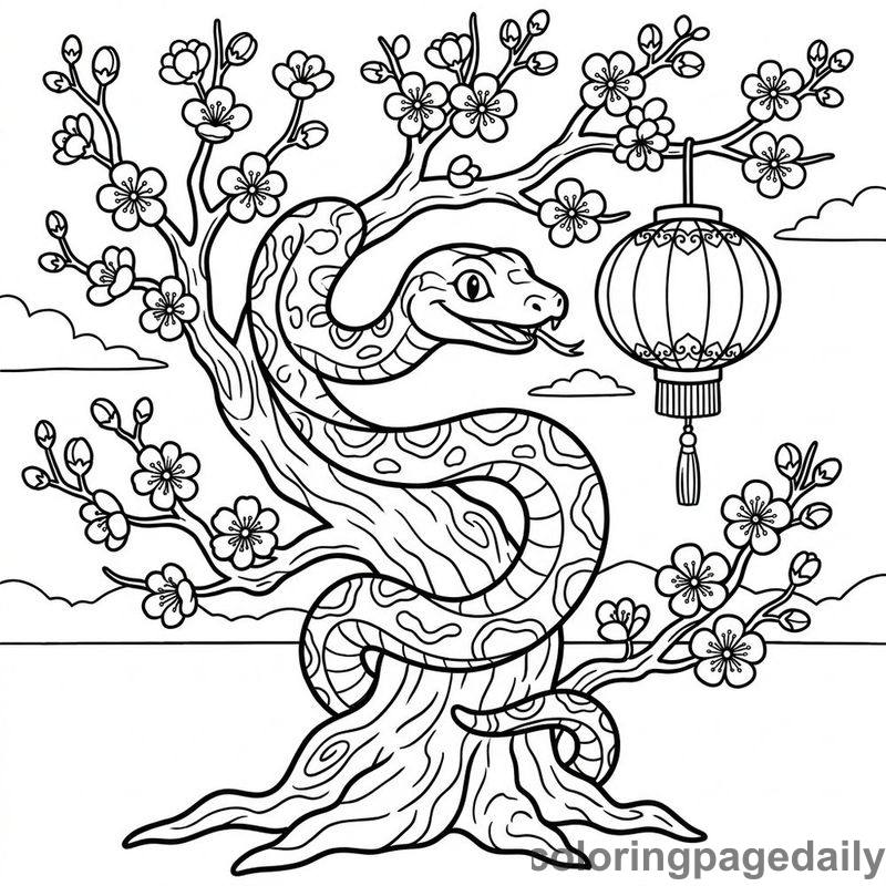 Zodiac Snake And Plum Blossoms - Daily printable coloring page in Chinese New Year category