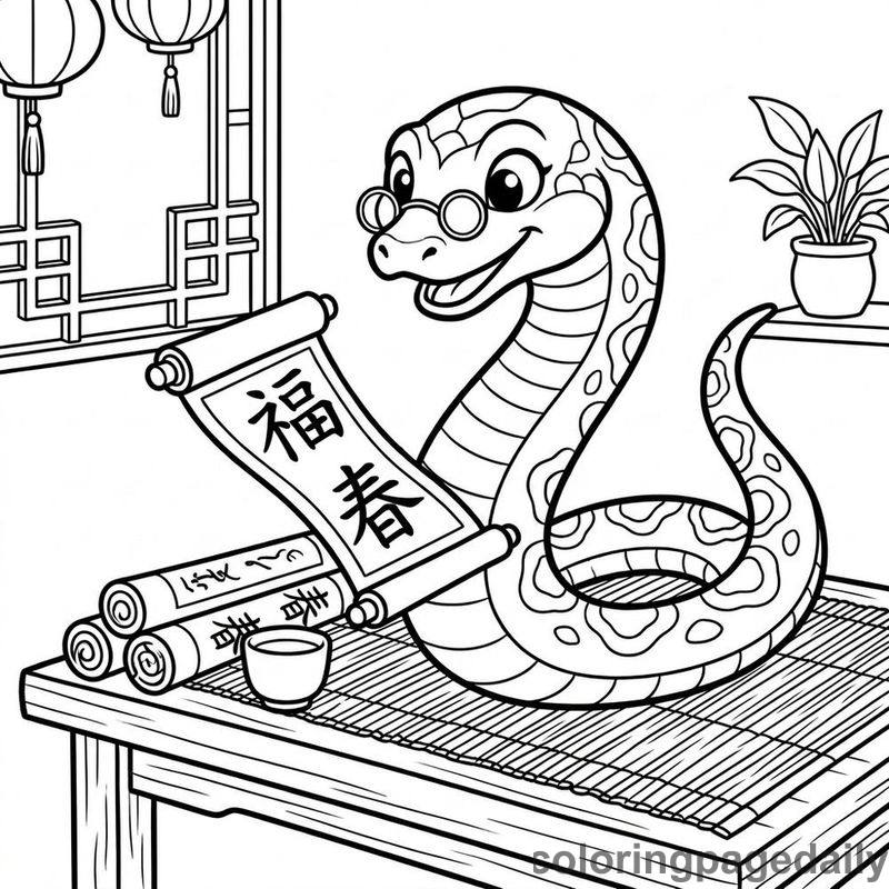 Zodiac Snake Reading Scroll - Daily printable coloring page in Chinese New Year category