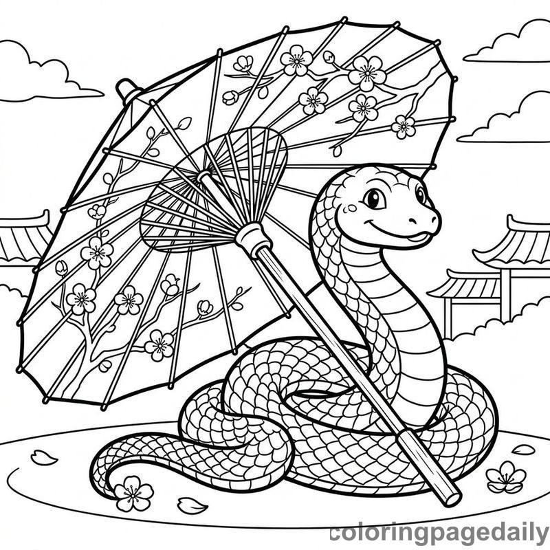 Zodiac Snake With Parasol - Daily printable coloring page in Chinese New Year category