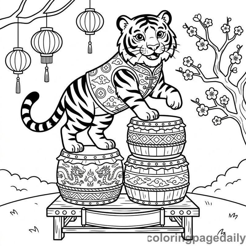 Zodiac Tiger Balancing Drums - Daily printable coloring page in Chinese New Year category