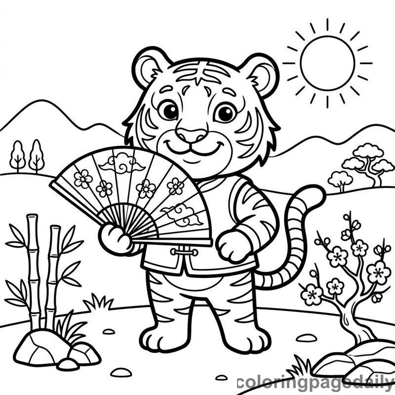 Zodiac Tiger With Fan - Daily printable coloring page in Chinese New Year category